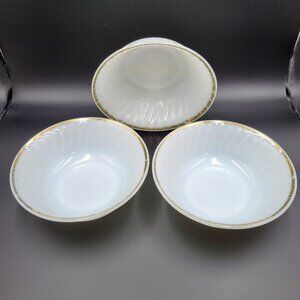 Vintage Anchor Hocking Fire King Serving Bowls White Gold Rim Milk Glass Set 3